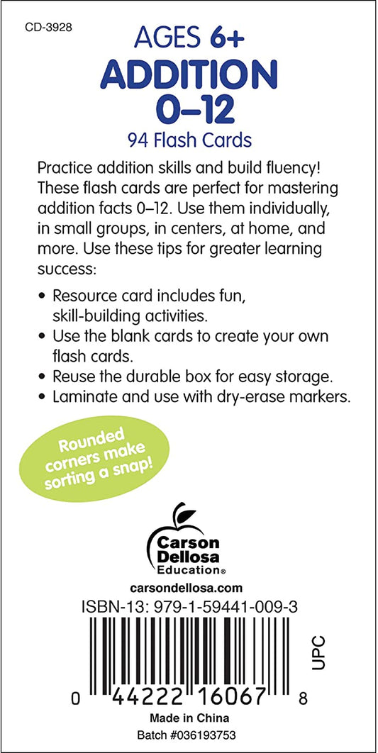 Addition Flashcards 0-12