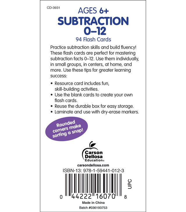 Subtraction Flashcards 0-12